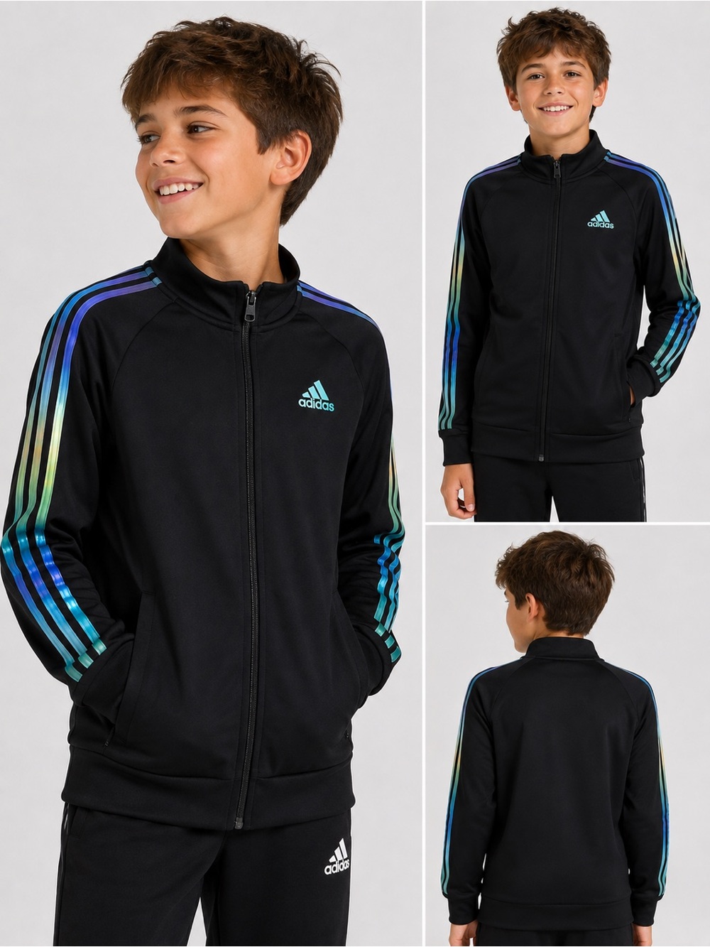 adidas Kids Black Jacket with Iridescent Blue-Green Stripes